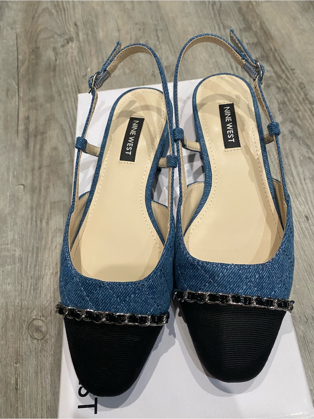 Nine West Blue Denim and Black Chain-Trim Slingback Flats Size 5